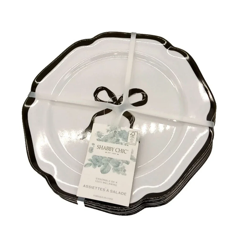Shabby Chic Set of 4 Black Bow Melamine Salad Plates NWT